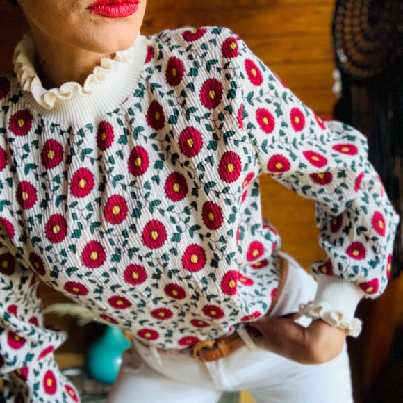 Vintage Tops - Vintage Floral Retro Turtleneck Blouse